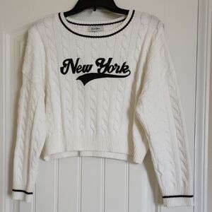 Faded Rose Medium White Cable-Knit 'New York' Crewneck Sweater